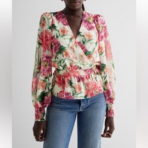 Express Floral Wrap Blouse - Pink and Green